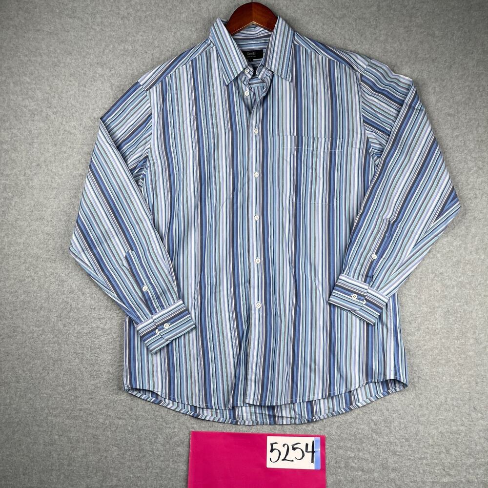 Zanella Shirt Blue Striped L Casual Button Up Long Sleeve Mens Made In Italy